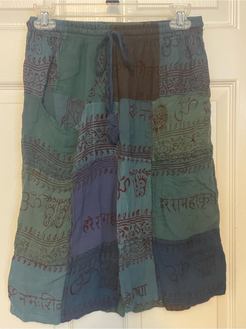 Women's Patchwork Blue & Green Flat Front Shorts with Drawstring